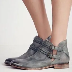 Free People Braeburn Distressed Gray Leather Ankle Boots 37 Double Buckle Strap thumbnail 1