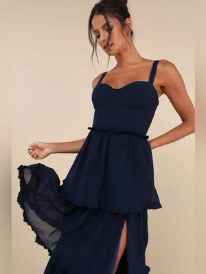 LULU’S Sophisticated Occasion Navy Blue Bustier Lace-Up Maxi Dress thumbnail 5