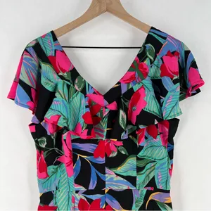 Cupio Tropical Floral Print Chiffon Ruffle Flutter‎ Sleeve V Neck Jumpsuit thumbnail 3
