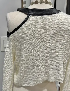 Rehab Cream Cold-Shoulder Knit Sweater with Black Faux Leather Trim thumbnail 6