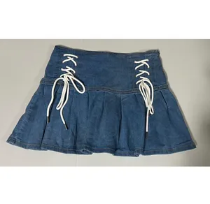 Blue White Jean Denim Tie-Up Pleated Mini Skirt Bottoms Size M 🩵🤍✨ thumbnail 2