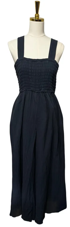 Quince 100% Organic Cotton Gauze Smocked Wide Leg Jumpsuit, Navy Blue, Size M thumbnail 1