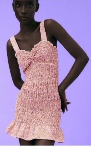 Zara Floral Ditsy Orange Lilac Smocked Sleeveless Minidress, EUC, Size Medium thumbnail 2