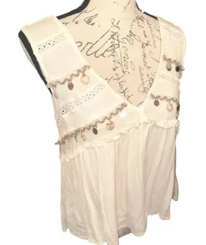 Boutique Sleeveless Embroidered Boho Blouse With Embellished Rope & Eyelet Details. thumbnail 1