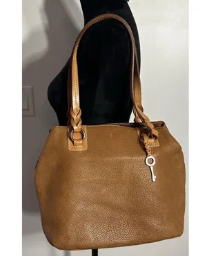 Fossil Purse Brown Leather Silver Key Hardware Zip Close Pockets Braided Handle thumbnail 1