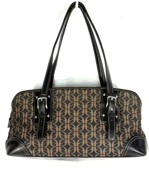 Fossil Brown Black Monogram Jacquard Leather Satchel Bag Y2K thumbnail 1