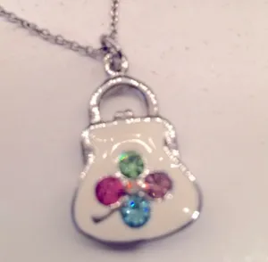 Vintage White Enamel Sterling Silver Rhodium Plated Crystal Purse Necklace thumbnail 4