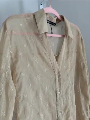 Zara Sheer Paisley Embroidered Button-Up Blouse in Beige Crinkle Size M Coastal thumbnail 4