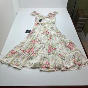 Lulus Shela Ivory Floral Jacquard Tiered Midi Dress‎ Ruffle Womens Medium NEW thumbnail 12