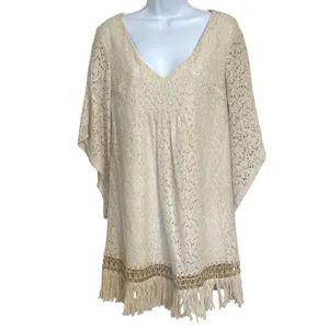 BUDDYLOVE Cream Floral Lace Kaftan Dress Fringe Hem Boho Kimono Sleeve EUC Small thumbnail 2