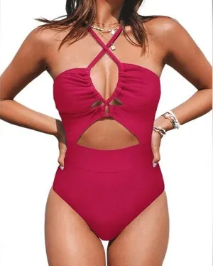 Hot Pink One Piece Cut Out Crossover Swimsuit Size L (12-14) thumbnail 1