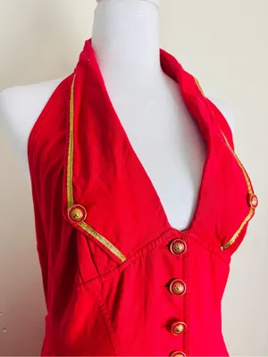 Vintage 90s Karen Alexander red w gold braid and buttons halter dress full skirt thumbnail 6