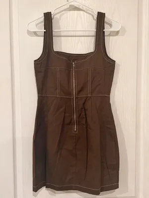 Et Clet Sleeveless Brown Square-Neck Mini Dress with Contrast Stitching thumbnail 3