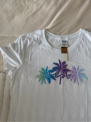 NWT PINK Victoria's Secret White Short Sleeve Tee with Ombre Palm Graphic thumbnail 2