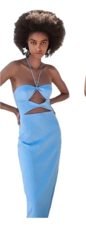 Zara Blogger Favorite Blue Cut-out Halter Top Bodycon Midi Dress Sz L thumbnail 1