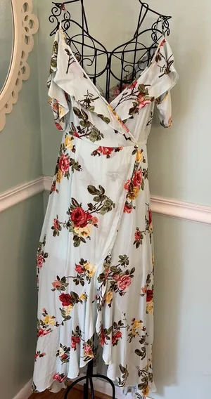 Onetheland Cottagecore Feminine Mint Green Gloral Dress Cold Shoulder Prairie‎ S thumbnail 1