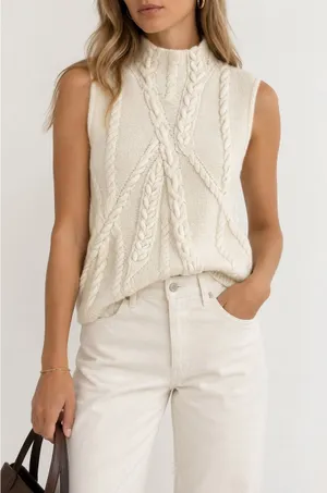 ZARA Ivory Cable Knit Wool Blend Sleeveless Mock Neck Sweater Vest Size S thumbnail 1