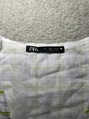 Zara Checkered Floral Print Draped Balloon Sleeve with Embroidered Eyelet Detail Mini Dress Size Small thumbnail 4