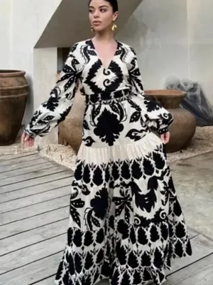 Zara Black & Cream Printed Long Sleeve Midi Dress thumbnail 1