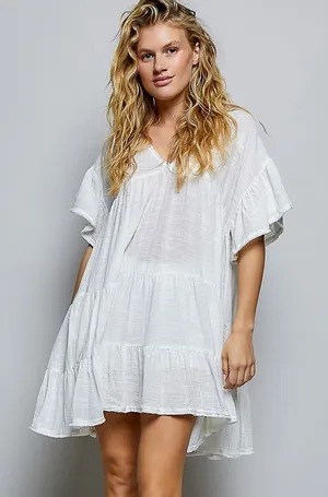 POL Cotton Ruffle Shirred V-Neck Short Sleeve Dress - Ivory - Medium thumbnail 1