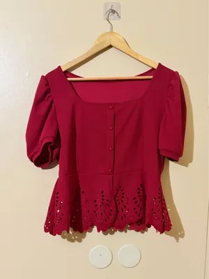 SHEIN Blouse Red Laser Cut Peplum Puff Sleeve Button Front XL Women thumbnail 2