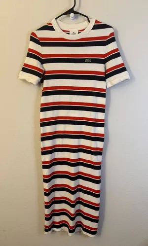 Lacoste L!VE Striped Ribbed Cotton Knit Midi Bodycon Dress Size 40 Med thumbnail 1