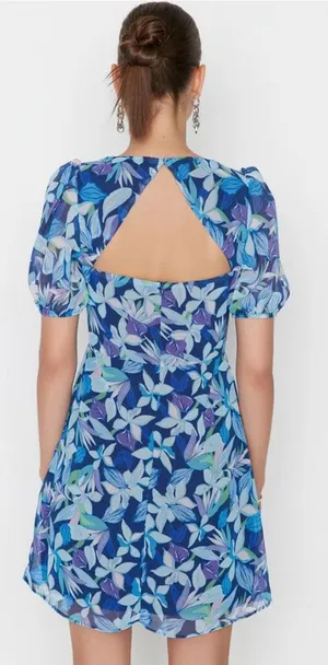 Trendyol Blue Floral Puff Sleeve Open Back Mini Dress EU 38 US 6 Small thumbnail 1