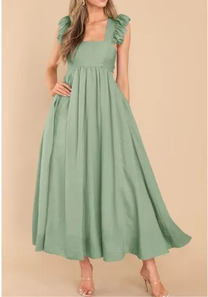 NEW Flutter Sleeve Square Neck Tie Back A-Line Maxi Dress Pocket XL thumbnail 5