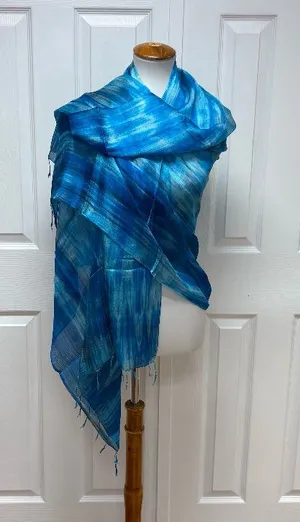 Blue Brushstroke Hand-Dyed Mulberry Silk Scarf -31" x 67" - NEW In Bag. thumbnail 1