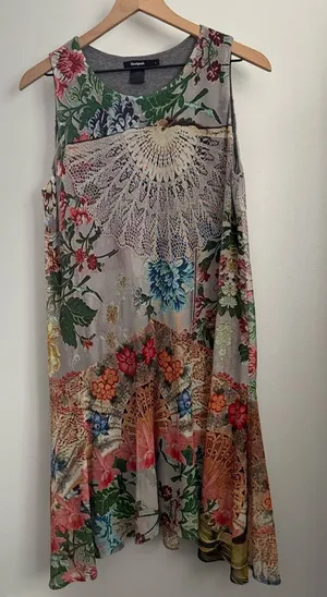 Desigual Large Lucille Tank Dress Asymmetrical Grey Colorful Flowy Spring thumbnail 1
