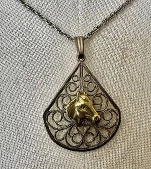 silver and gold tone horse teardrop pendant necklace thumbnail 1