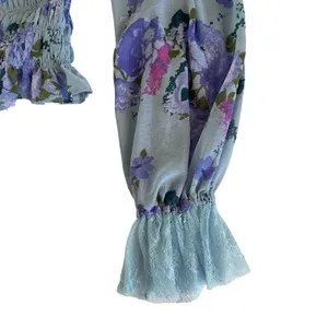 Free People Daphne Silver Blue Combo Lace Floral Print Blouse Size Medium thumbnail 10