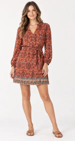 Lucky Brand Size XS Orange Paisley Wrap Dress Boho Western Long Sleeve Tie Waist thumbnail 1