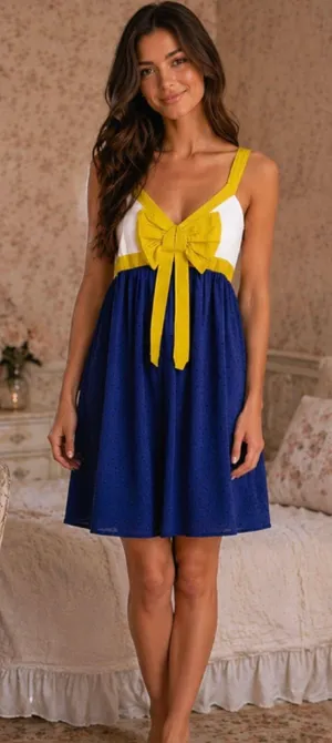NWT $78 Anthropologie x Eloise Blue Bow-Front Knee Length Smocked Dress XS thumbnail 1