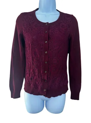 Banana Republic Small Maroon Lace Front Wool Blend Button Cardigan‎ Sweater thumbnail 1