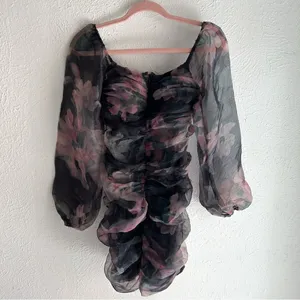 Lulus Midnight Mirage Black Floral Ruched Organza Bodycon Mini Dress Small thumbnail 3