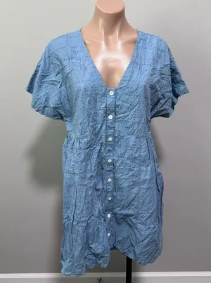 Madewell Eyelet Button-Front V-Neck Mini Dress Large Blue thumbnail 2