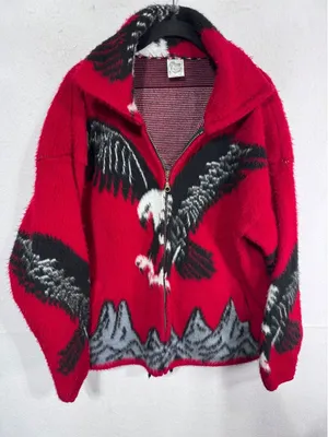 Yarina Womens Medium Red Wool Eagle American Full Zip Fleece Jacket Southwestern thumbnail 1