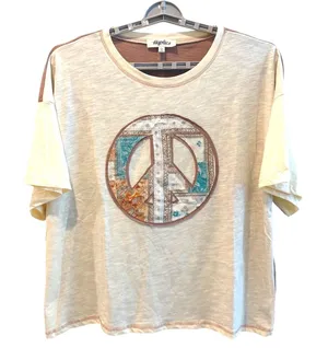 Haptics Peace Sign Graphic Tee Cream Brown Boho Patchwork Oversized Womens Large thumbnail 1