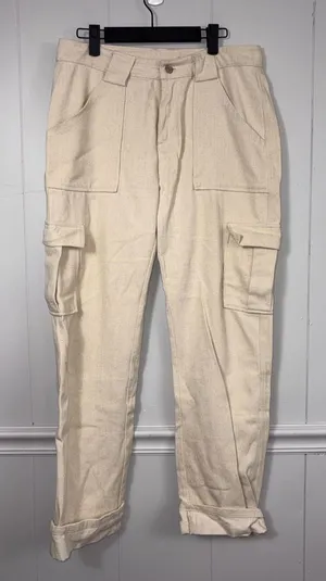 White Fox Off White Cream Textured Cargo Utility Pants Medium Rolled Cuffs Basic thumbnail 1