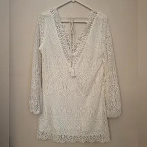 Mustard Seed White Lace Boho Mini Dress Long Sleeve V-Neck Size Medium NWT thumbnail 3
