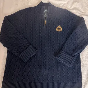 Ralph Lauren Navy 1/4 Zip-Up mock neck cable knit Sweater szPM thumbnail 1
