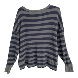 OFFLINE By Aerie Oversized Shirt Women's Medium Long Sleeve Striped Waffle Navy thumbnail 4