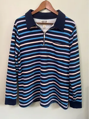 Lands End Serious Sweats Striped Quarter Zip Pullover Blue Multi XL 18 thumbnail 1