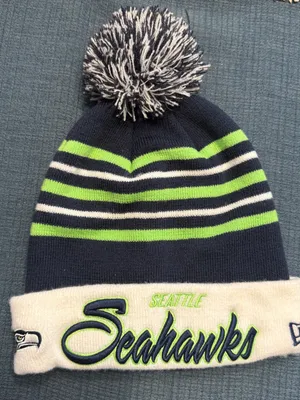 NFL New Era Seattle Seahawks Pom Beanie - Navy, Lime & White Football thumbnail 1
