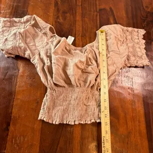 Zoearte Peru Cotton Crochet Smocked Crop Top Boho Off Shoulder Tan NWT thumbnail 7