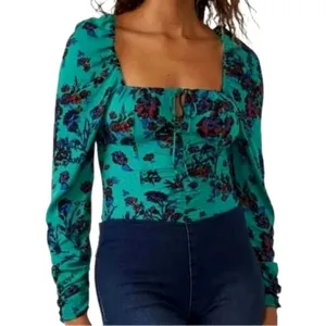 Free People Hilary Floral Printed Low Square Back Top Teal M thumbnail 3