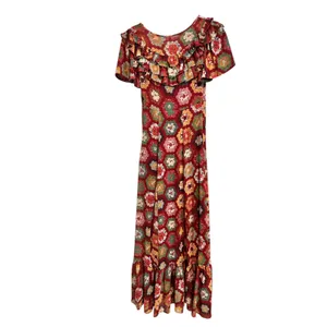 Urban Outfitters patchwork quilt print Ruffle Trim red multicolor maxi‎ dress XS thumbnail 8