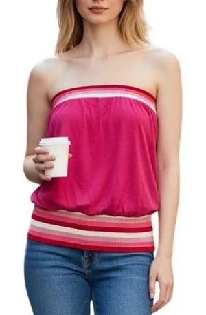 Lucca Couture Tube Top Womens S Pink Striped‎ Strapless Y2K Cotton Ribbed Trim Festival thumbnail 1