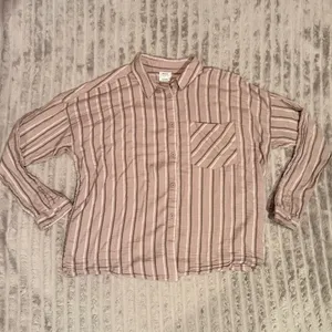 RVCA Womens Tan Striped Gauze Button Down Shirt Oversized Long Sleeve Large thumbnail 2